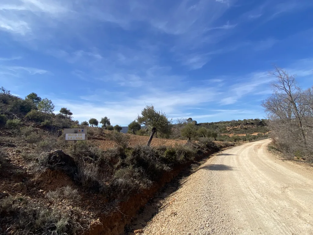Camino rural con señal de la Ruta de la Lana en la etapa 5, saliendo de Villaconejos de Trabaque hacia Salmerón