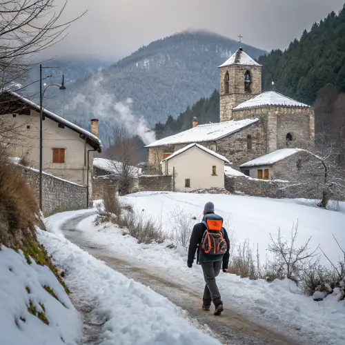 Peregrino caminando bajo la nieve