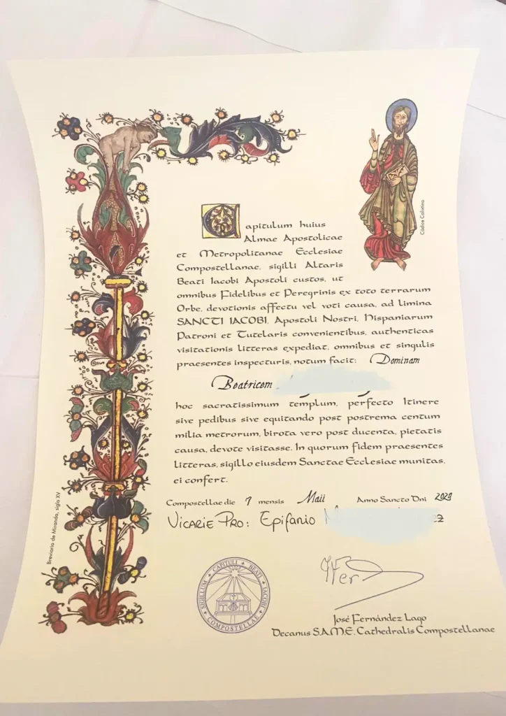 Compostela oficial del Camino de Santiago con la inscripción 'Vicarie Pro', otorgada a un peregrino que ha caminado en nombre de otra persona