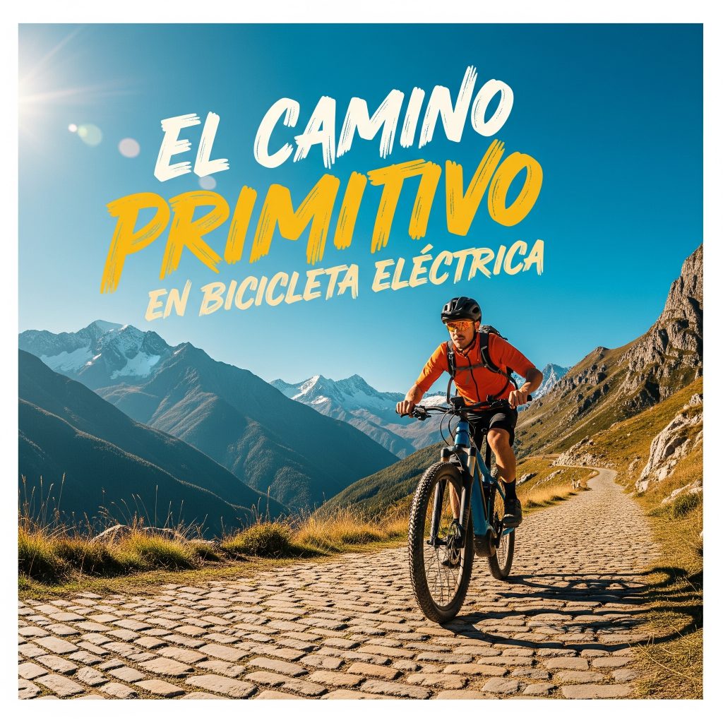 Ciclista con bicicleta eléctrica recorriendo el desafiante paisaje montañoso del Camino Primitivo.