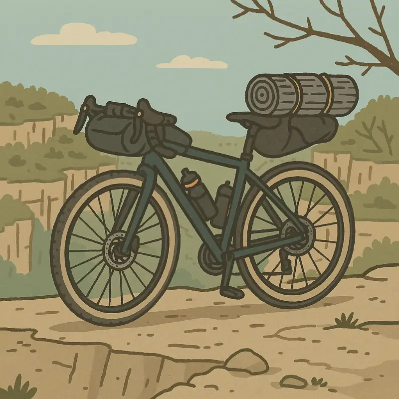 bicicleta de bikepacking equipada con bolsas y esterilla, sobre un paisaje montañoso con cañones al fondo