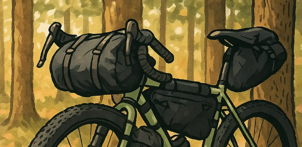 Ilustración de bicicleta verde equipada con bolsas de bikepacking sobre un sendero entre árboles