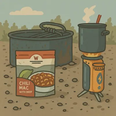 Comida liofilizada chili mac con carne y olla sobre hornillo Biolite encendido en campamento al aire libre junto a un anillo de fuego
