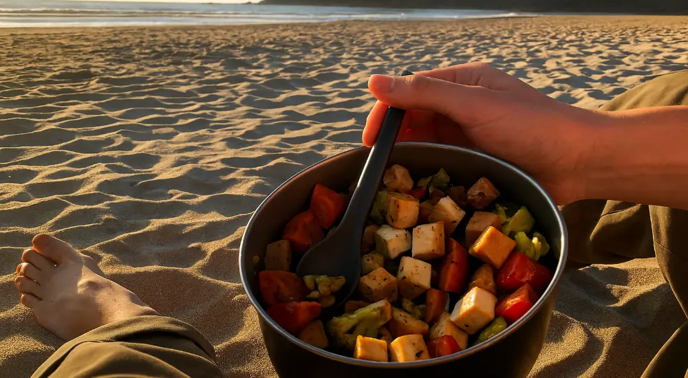Persona disfrutando una cena vegana con tofu, aguacate y verduras en una playa al atardecer durante un viaje de bikepacking

