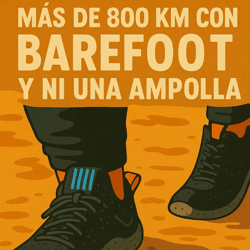 Ilustración minimalista de zapatillas barefoot sobre fondo naranja, con texto inspirador sobre hacer el Camino de Santiago sin ampollas.