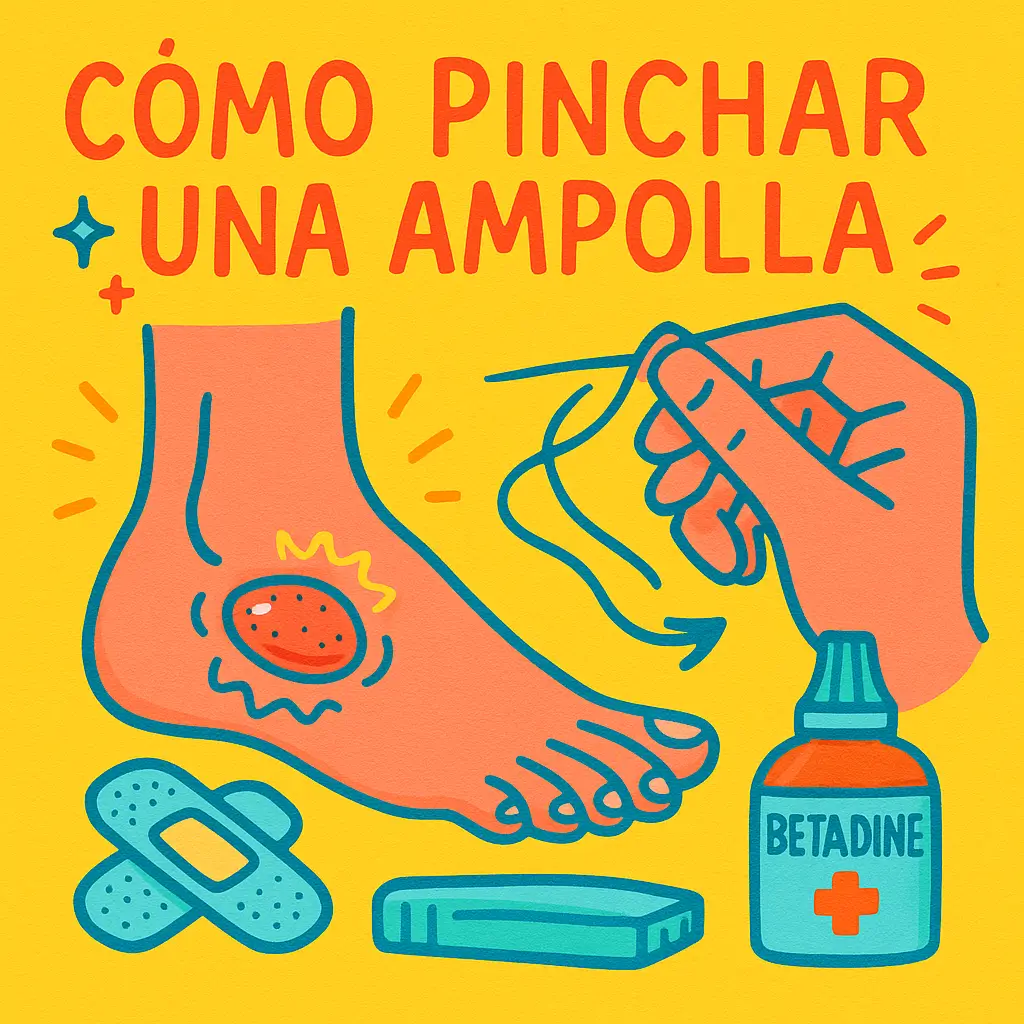 Ilustración en estilo doodle que muestra cómo pinchar una ampolla con aguja e hilo, aplicar Betadine y proteger la herida en el pie