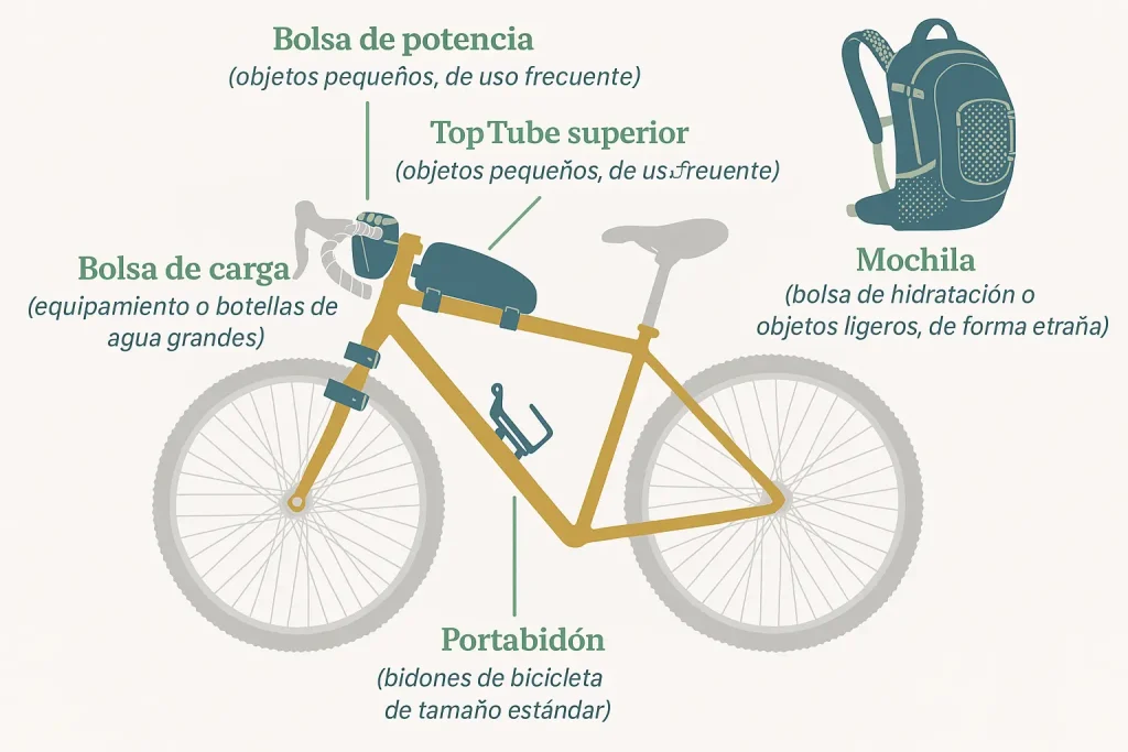 Ilustración con bolsas complementarias en bikepacking: bolsa de potencia, TopTube, portabidón, carga y mochila