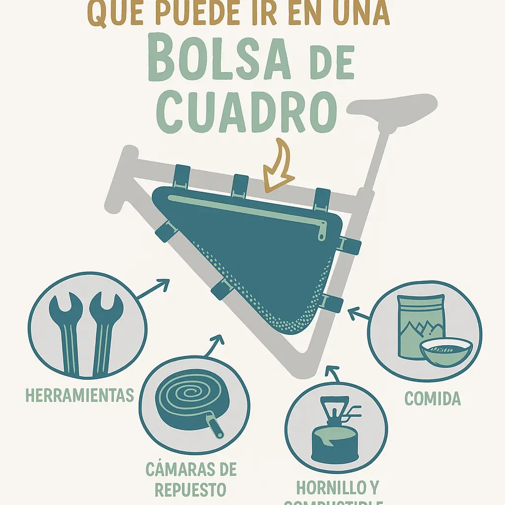 Gráfico de bolsa de cuadro en bicicleta con herramientas, cámaras de repuesto, comida y hornillo