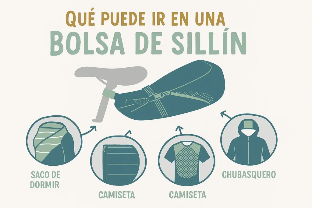 Ilustración de bolsa de sillín con ejemplos de equipaje: saco, camisetas y chubasquero para rutas en bicicleta
