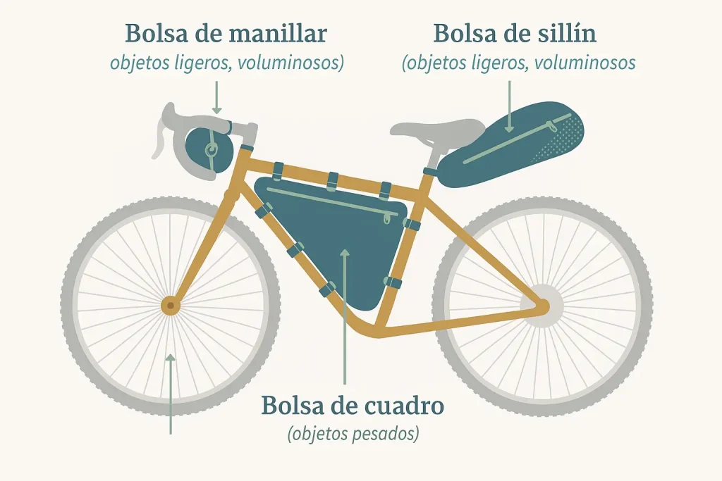 Infografía de bicicleta con bolsas de manillar, sillín y cuadro indicando qué tipo de objetos llevar en cada una
