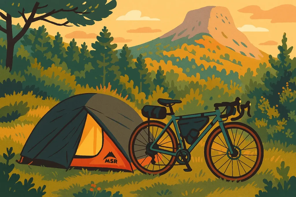 Ilustración de una bicicleta de bikepacking junto a una tienda de campaña al atardecer, con una montaña al fondo