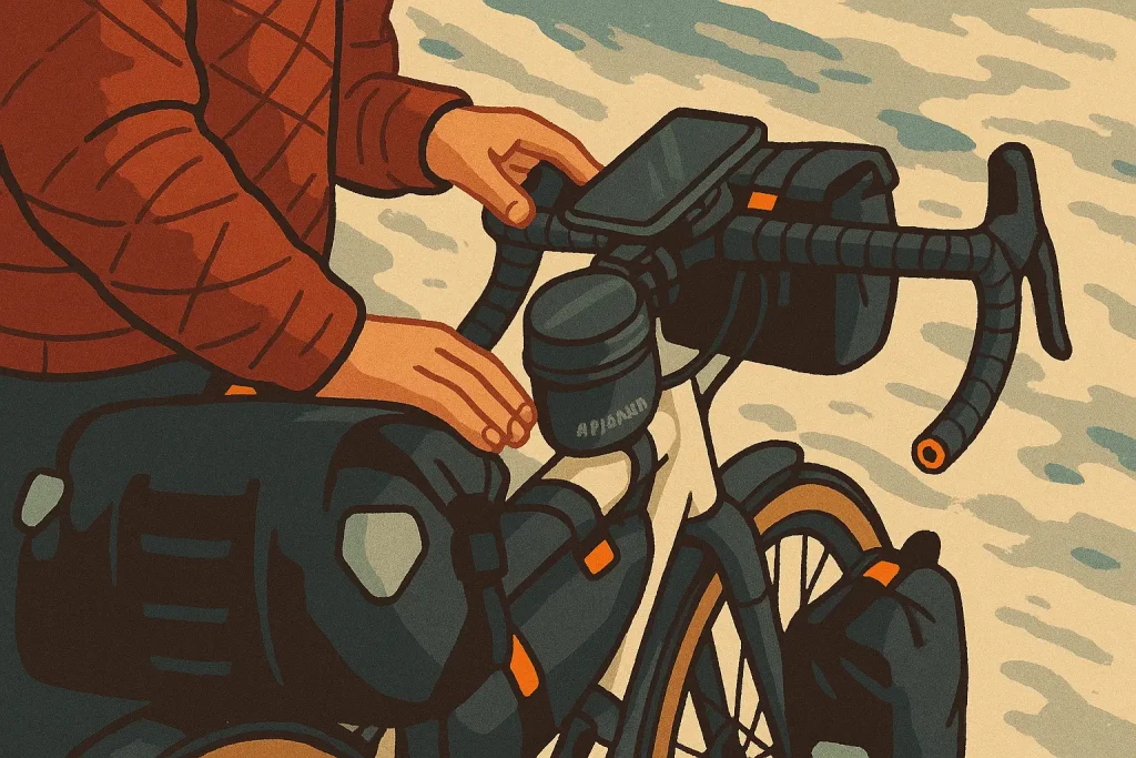Ilustración de ciclista sujetando el manillar con bolsas y GPS sobre una bicicleta de cicloturismo