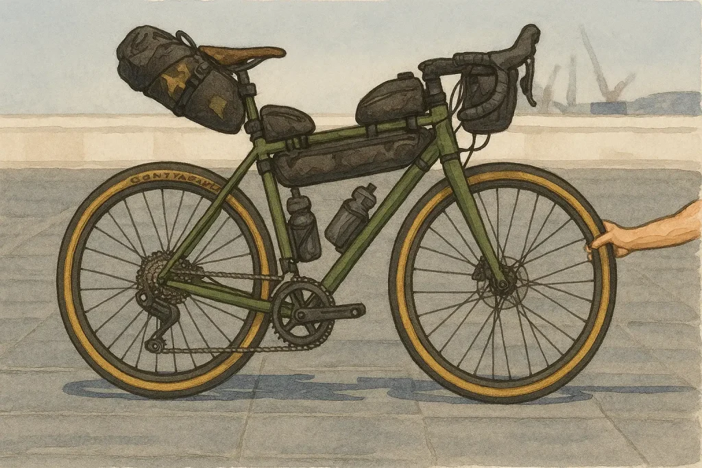 Bicicleta de gravel cargada con bolsas específicas de bikepacking lista para una acampada autosuficiente.