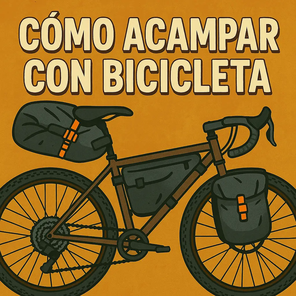 Dibujo estilo vintage de bicicleta equipada para acampada con alforjas y bolsas de bikepacking, ideal para ilustrar el artículo “cómo acampar con bicicleta