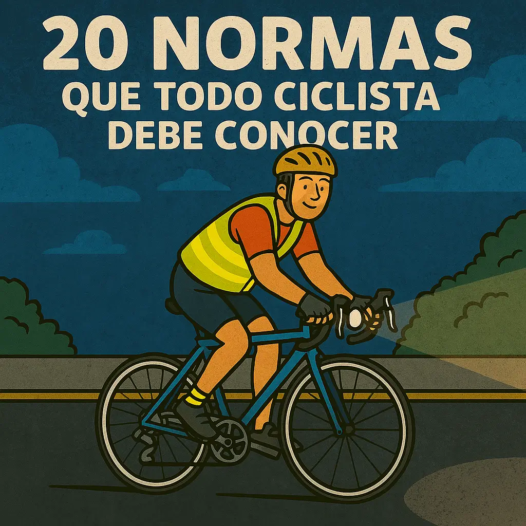 Ilustración de un ciclista de noche con chaleco reflectante y luces encendidas bajo el título "20 normas que todo ciclista debe conocer