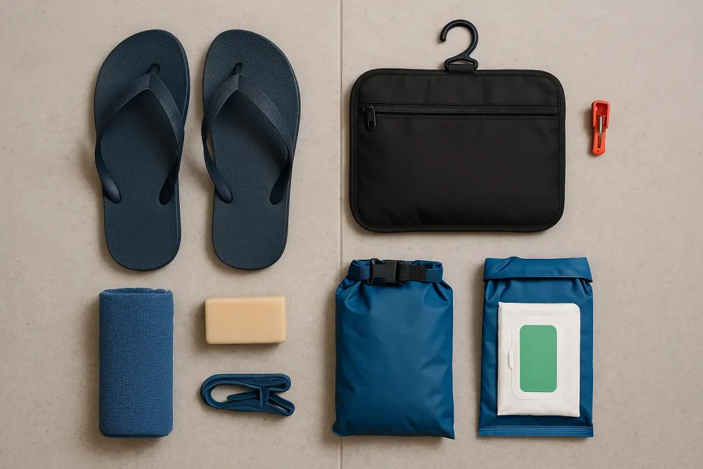 Chanclas, toalla de microfibra, jabón sólido, neceser colgable y más artículos esenciales para ducharse en el Camino de Santiago

