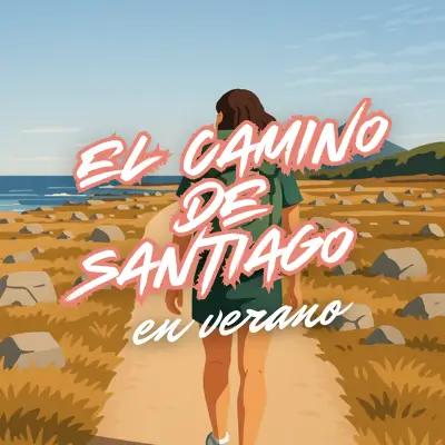 Ilustración de una mujer caminando por una senda costera del Camino de Santiago con mochila, bajo el sol del verano.