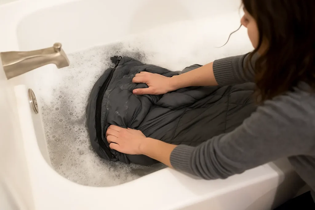 Mujer lavando saco de dormir a mano en la bañera