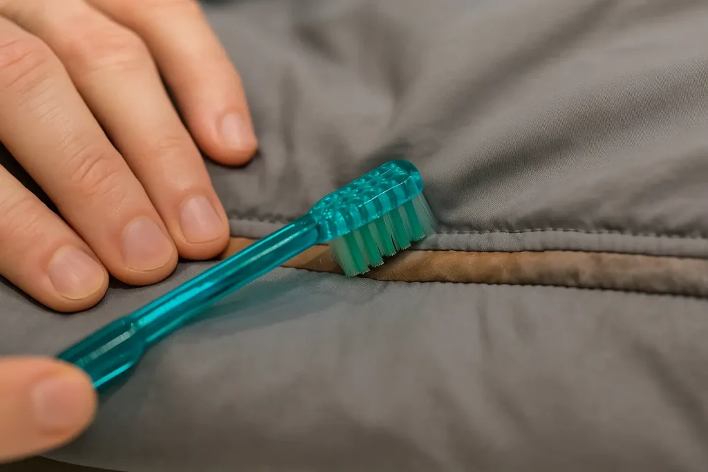 Limpiando manchas en saco de dormir con cepillo