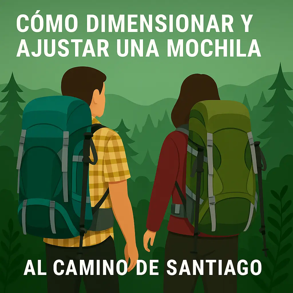 Ilustración de dos peregrinos con mochila caminando por un bosque en el Camino de Santiago