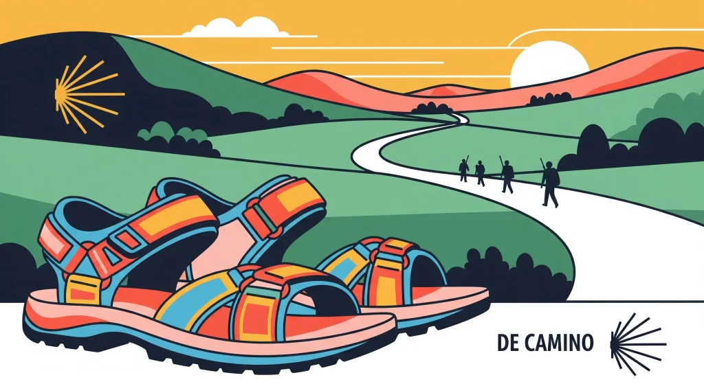 Gráfico colorido de sandalias de trekking en primer plano y peregrinos caminando por un sendero hacia Santiago