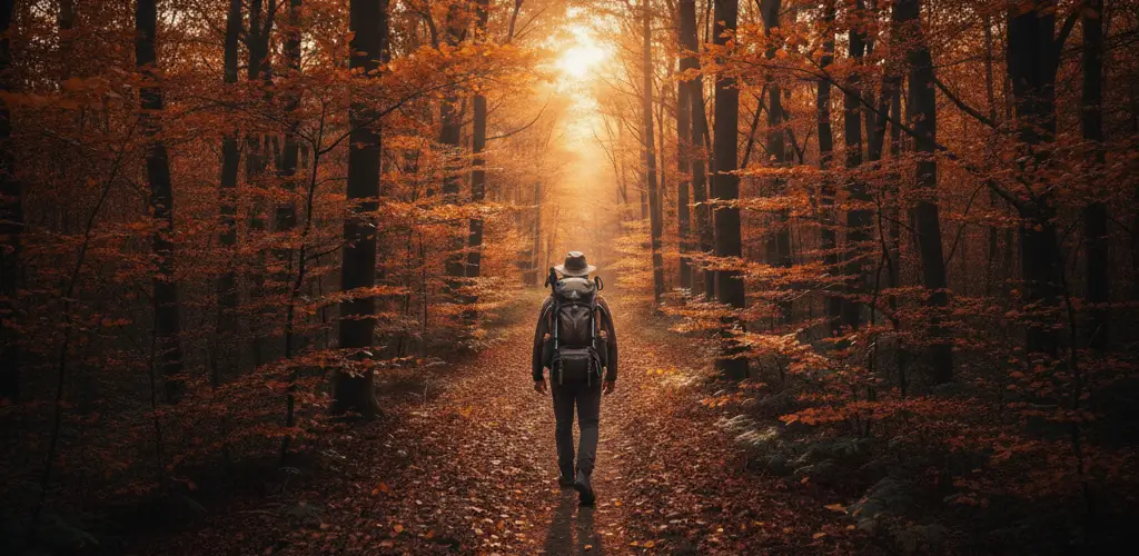 Amanecer de otoño en el Camino: menos horas de luz y nieblas suaves; conviene salir temprano.